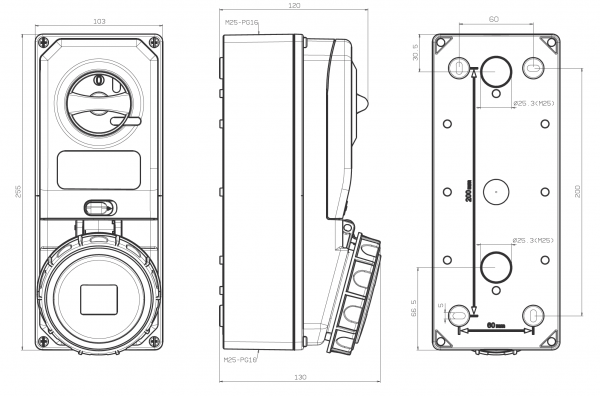 CEE Schaltersteckdose 5x32A IP65 inkl. Sicherung mit Interlock abschaltbar