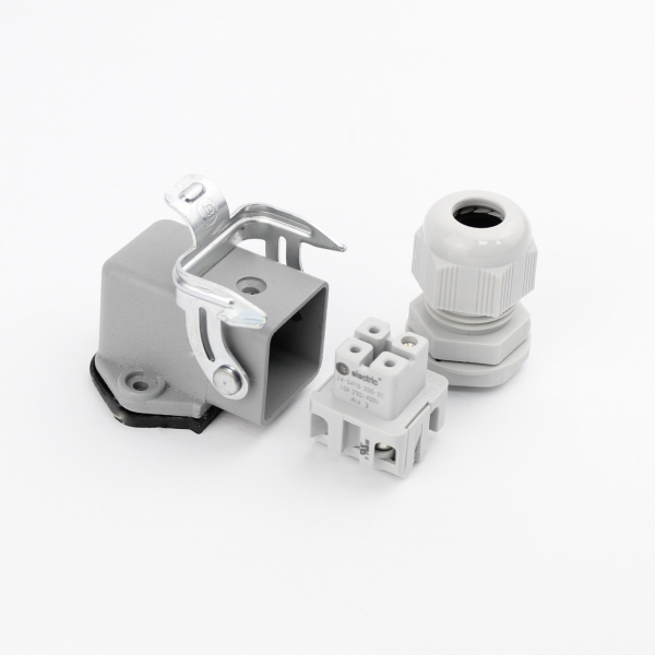 Industriesteckverbinder - Sockelgehäuse gewinkelt mit offenem Boden + Buchse 4 Polig 10A - Metall