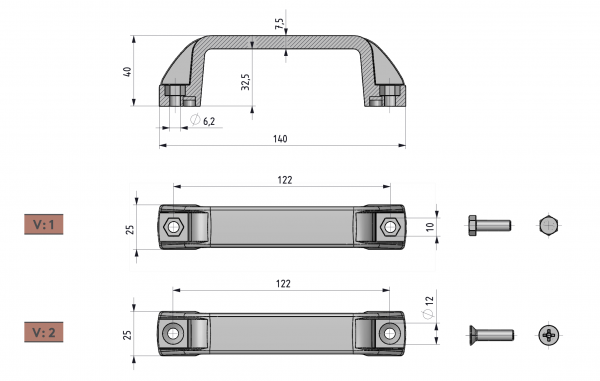 Handgriff 140mm - 122mm - (V1) für 6 Kant Schraube - Kunststoff